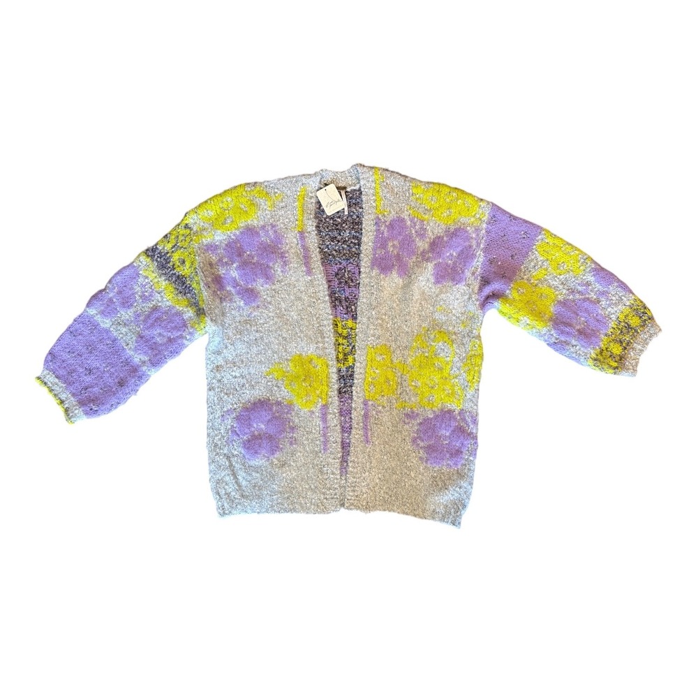 Free People Floral Bouclé Knit Cardigan Oversized Open Front Purple Yellow S